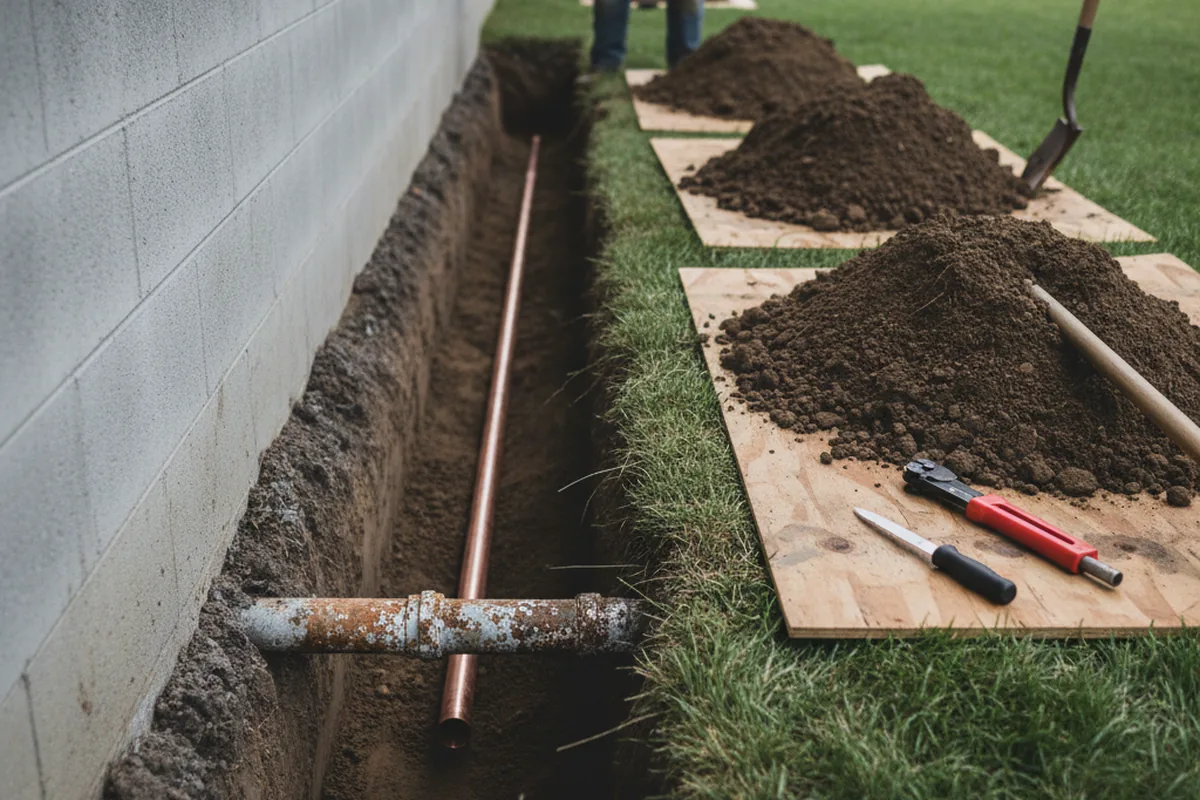 Excavated water line trench during Sewer Line Repair in Kensett